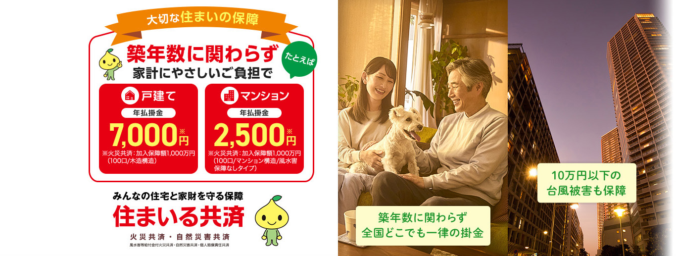 大切な住まいの保障 築年数に関わらず家計にやさしいご負担で たとえば 戸建て 年払掛金 7,000円※ ※火災共済：加入保障額1,000万円（100口/木造構造） マンション 年払掛金 2,500円※ ※火災共済：加入保障額1,000万円（100口/マンション構造/風水害　保障なしタイプ） 築年数に関わらず全国どこでも一律の掛金 10万円以下の台風被害も保障 みんなの住宅と家財を守る保障