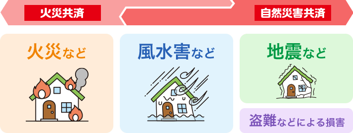火災共済 自然災害共済 地震など 火災など 風水害など 地震など 盗難などによる損害