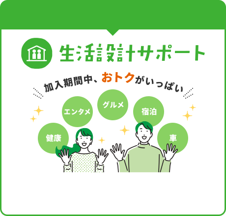 生活設計サポート 健康・エンタメ・グルメ・宿泊・車など 加入期間中、おトクがいっぱい