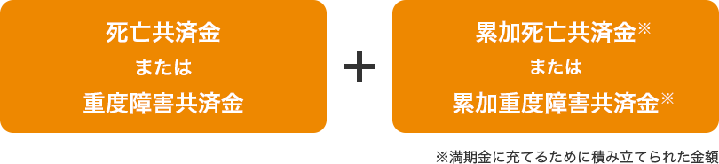 死亡共済金または重度障害共済金＋累加死亡共済金または累加重度障害共済金 ※満期金に充てるために積み立てられた金額