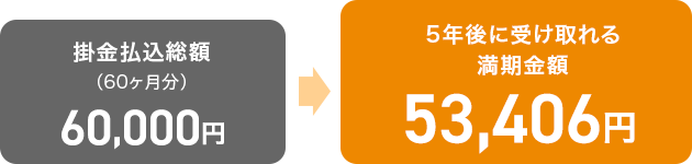 掛金払込総額（60ヶ月分）60,000円5年後に受け取れる満期金額53,406円