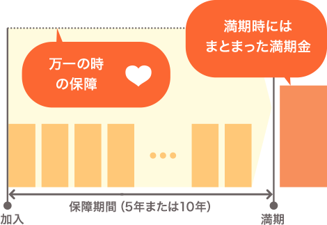 5年または10年の満期時にまとまった満期金が受け取れ、積立期間中も万一の時の保障がついています。