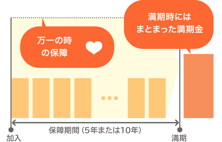 5年または10年の満期時にまとまった満期金が受け取れ、積立期間中も万一の時の保障がついています。