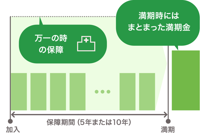 5年または10年の満期時にまとまった満期金が受け取れ、積立期間中も万一の時の保障がついています。