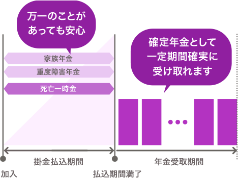 掛金払込期間中は万一のことがあっても保障があるから安心、払込期間満了後は確定年金として一定期間確実に受け取れます。