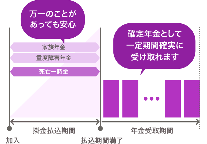 掛金払込期間中は万一のことがあっても保障があるから安心、払込期間満了後は確定年金として一定期間確実に受け取れます。
