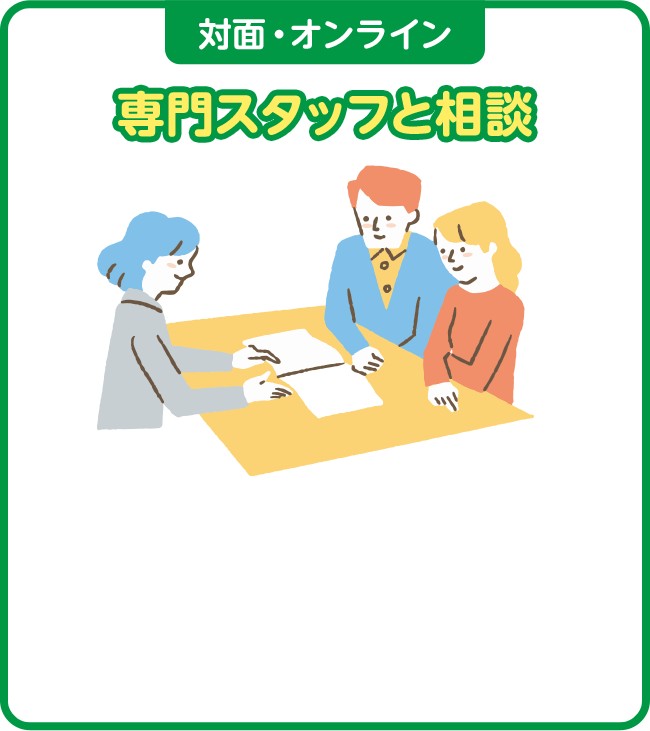 対面・オンライン 専門スタッフと相談 全国にある共済ショップで、スタッフが最適なプランをご提案させていただきます。ご自宅への訪問相談・オンライン相談もOK！ご都合にあわせて、お選びいただけます。