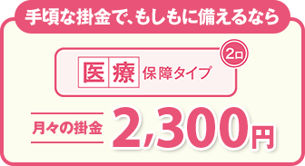 手頃な掛金で、もしもに備えるなら 医療保障タイプ(2口)月々の掛金 2,300円