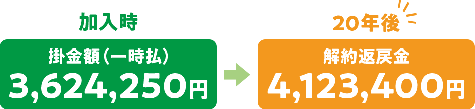 掛金額（一時払）3,624,250円 20年後（解約返戻金）4,123,400円