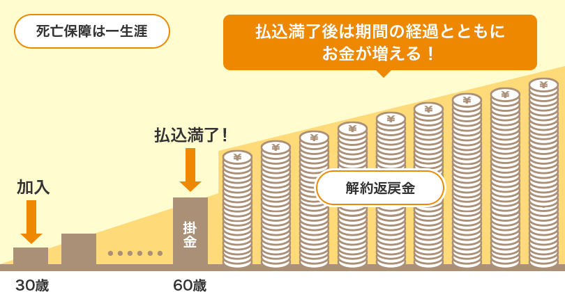 死亡保障は一生涯 払込満了後は期間の経過とともにお金が増える！