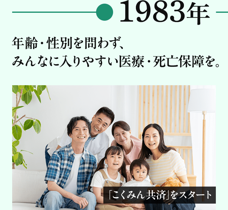 1983年 年齢・性別を問わず、みんなに入りやすい医療・死亡保障を。「こくみん共済」をスタート
