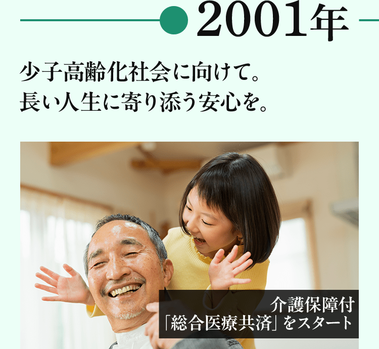 2001年 少子高齢化社会に向けて。長い人生に寄り添う安心を。介護保障付「総合医療共済」をスタート