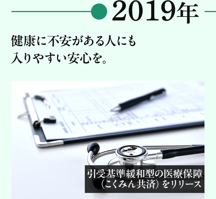 2019年 健康に不安がある人にも入りやすい安心を。引受基準緩和型の医療保障（こくみん共済）をリリース