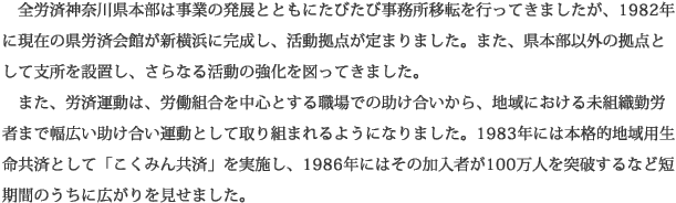 全労済神奈川県本部は事業の発展とともにたびたび事務所移転を行ってきましたが、1982年に現在の県労済会館が新横浜に完成し、活動拠点が定まりました。また、県本部以外の拠点として支所を設置し、さらなる活動の強化を図ってきました。 　また、労済運動は、労働組合を中心とする職場での助け合いから、地域における未組織勤労者まで幅広い助け合い運動として取り組まれるようになりました。1983年には本格的地域用生命共済として「こくみん共済」を実施し、1986年にはその加入者が100万人を突破するなど短期間のうちに広がりを見せました。