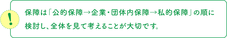 保障は「公的保障→企業・団体内保障→私的保障」の順に検討し、全体を見て考えることが大切です。