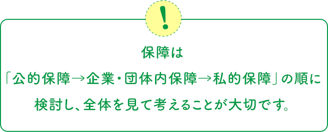 保障は「公的保障→企業・団体内保障→私的保障」の順に検討し、全体を見て考えることが大切です。