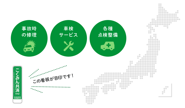 事故時の修理、車検サービス、各種点検整備など、こくみん共済 coop の看板が目印です！