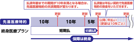 払済年齢までの期間が10年未満となる場合は、先進医療特約の共済期間が変わります。払済後は年払い契約で先進医療特約の掛金をいただきます。