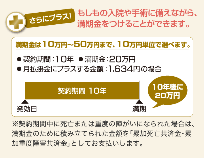 さらにプラス　もしもの入院や手術に備えながら、満期金をつけることができます。　満期金は10万円～50万円まで、10万円単位で選べます。・契約期間10年　・満期金：20万円　・月払掛金にプラスする金額：1,624円の場合　10年後に20万円