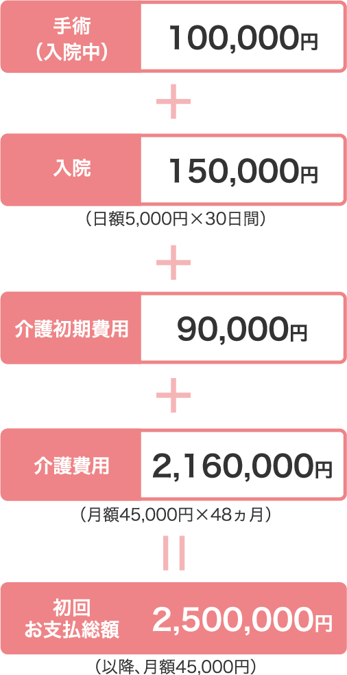 手術（入院中）100,000円　+　入院150,000円（日額5,000円×30日間）　+　介護初期費用90,000円　+　介護費用2,160,000円（月額45,000円×48ヵ月）　＝　初回お支払総額2,500,000円（以降、月額45,000円）