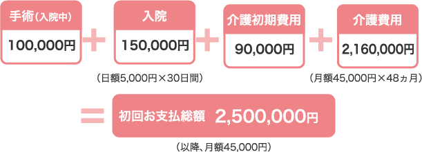 手術（入院中）100,000円　+　入院150,000円（日額5,000円×30日間）　+　介護初期費用90,000円　+　介護費用2,160,000円（月額45,000円×48ヵ月）　＝　初回お支払総額2,500,000円（以降、月額45,000円）