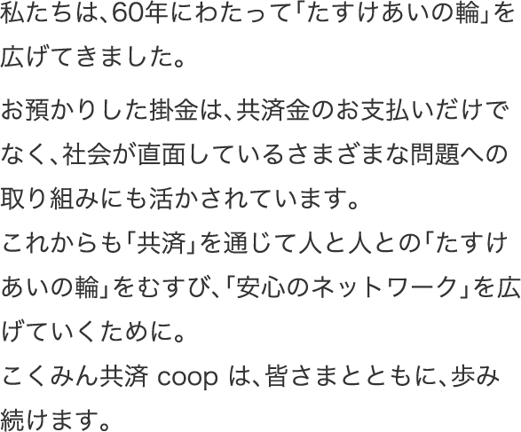 私たちは、60年にわたって「たすけあいの輪」を広げてきました。お預かりした掛金は、共済金のお支払いだけでなく、社会が直面しているさまざまな問題への取り組みにも活かされています。これからも「共済」を通じて人と人との「たすけあいの輪」をむすび、「安心のネットワーク」を広げていくために。こくみん共済 coop は、皆さまとともに、歩み続けます。