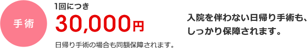  手術1回につき30,000円　入院を伴わない日帰り手術も、しっかり保障されます。