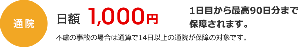 通院 日額1,000円 1日目から最高90日分まで保障されます。