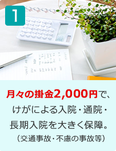 月々の掛金2,000円で、けがによる入院・通院・長期入院を大きく保障。（交通事故・不慮の事故等）
