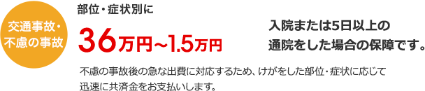 交通事故・不慮の事故　部位・症状別に36万円～1.5万円　入院または5日以上の通院をした場合の保障です。