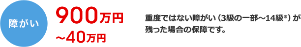 障がい900万円～40万円 重度ではない障がい（3級の一部～14級※）が残った場合の保障です。