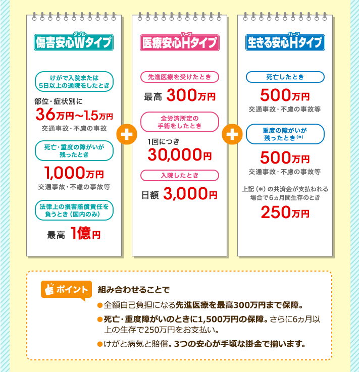 傷害安心Wタイプ　＋　医療安心Hタイプ　＋　生きる安心Hタイプ