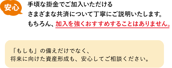 手頃な掛金でご加入いただけるさまざまな共済について丁寧に