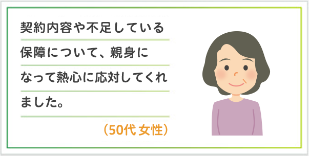 契約内容や不足している保障について、親身になって熱心に応対してくれました。