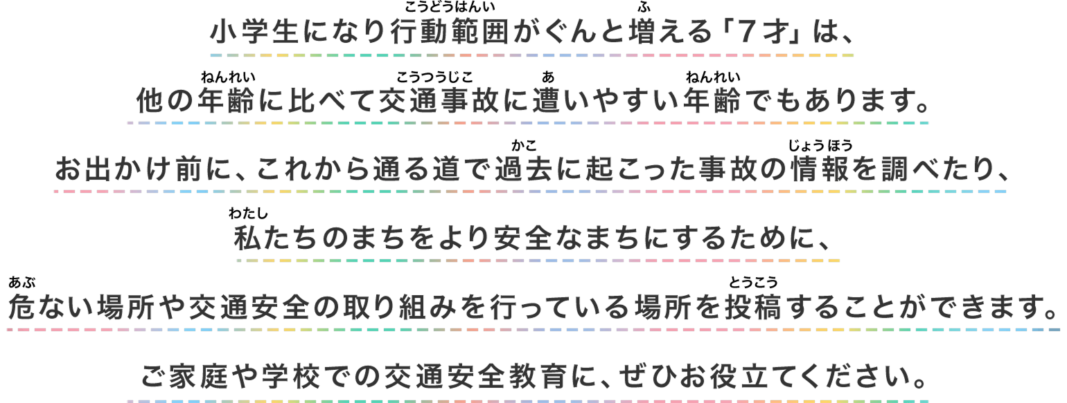 小学生になり行動範囲がぐんと増える「７才」は、他の年齢に比べて交通事故に遭いやすい年齢でもあります。お出かけ前に、これから通る道で過去に起こった事故の情報を調べたり、私たちのまちをより安全なまちにするために、危ない場所や交通安全の取り組みを行っている場所を投稿することができます。ご家庭や学校での交通安全教育に、ぜひお役立てください。