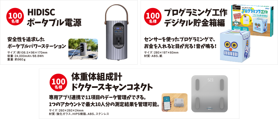 100名様 HIDISCポータブル電源 安全性を追求したポータブルパワーステーション サイズ:約106.5×96×170mm 容量:24,000mAh/88.8Wh 重量:約960g 100名様 プログラミング工作デジタル貯金箱編 センサーを使ったプログラミングで、お金を入れると目が光る!音が鳴る! サイズ:280×197×60mm 材質:ABS、紙 100名様 体重体組成計 ドクタースキャンコネクト 専用アプリ連携で11項目のデータ管理ができる。1つのアカウントで最大10人分の測定結果を管理可能。 サイズ:260×260×24mm 材質:強化ガラス、HIPS樹脂、ABS、ステンレス