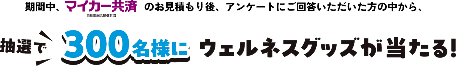 期間中マイカー共済のお見積もり後、アンケートにご回答いただいた方の中から、抽選で300名様にウェルネスグッズが当たる！