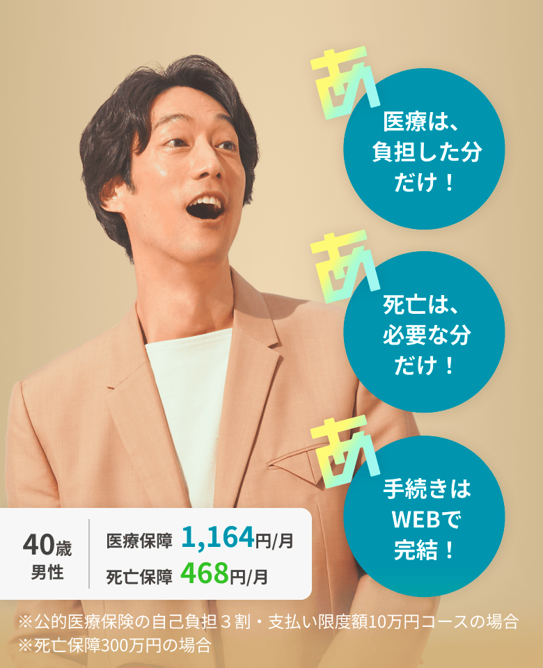 医療は、負担した分だけ！死亡は、必要な分だけ！手続きはWEBで完結！ 40歳男性 医療保障1,164円/月 死亡保障468円/月 ※医療費の自己負担３割・支払い限度額10万円コースの場合 ※死亡保障500万円の場合