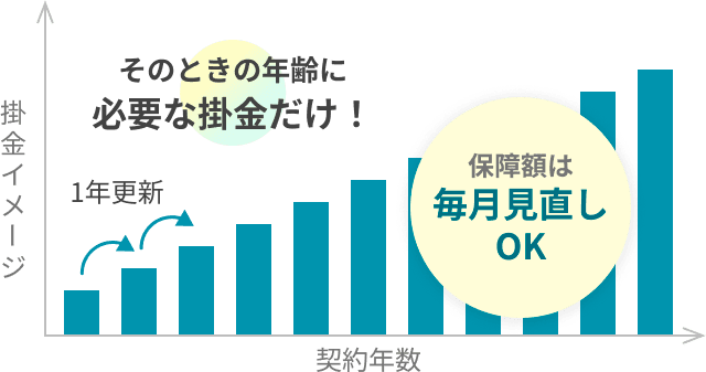 そのときの年齢に必要な掛金だけ！ 保障額毎月見直しOK