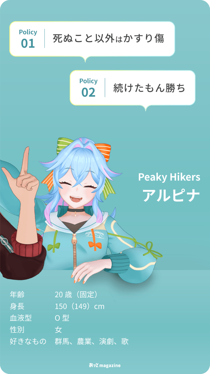 Peaky Hikers アルピナ 年齢:20歳(固定) 身長:150(149)cm 血液型:O型 性別:女 好きなもの:群馬、農業、演劇、歌 Policy01 死ぬこと以外はかすり傷/Policy02 続けたもん勝ち