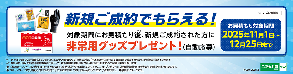 新規ご成約でもらえる！対象期間にお見積もり後(※1）、新規ご成約（※2）された方に非常用グッズプレゼント！（自動応募）お見積もり対象期間：2025年11月1日～12月25日まで ※1クイック見積もりは対象外となります。また、じっくり見積もりで、見積もり後に「申込書送付依頼の完了」画面まで到達されなかった場合も対象外となります。 ※2お見積もり時と同じ車両（車台番号が同一）で、効力（補償）開始日が2026年3月31日までのご契約が対象となります。 ●ご契約1件につき、プレゼントは1セットとなります。変更・返品・交換は承っておりません。●プレゼントは、効力（補償）開始日の翌々月より順次お届けいたします。●本キャンペーンの受付状況に関するお問い合わせには対応しておりません。あらかじめご了承ください。●写真はイメージです。